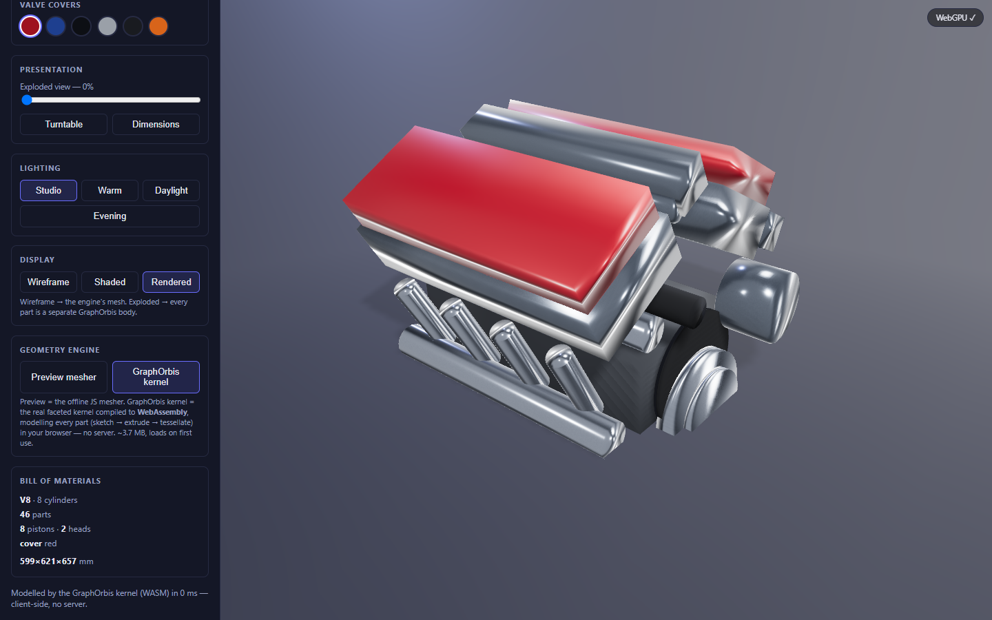 Engine Builder sample app: a parametric V8 engine with an exploded view