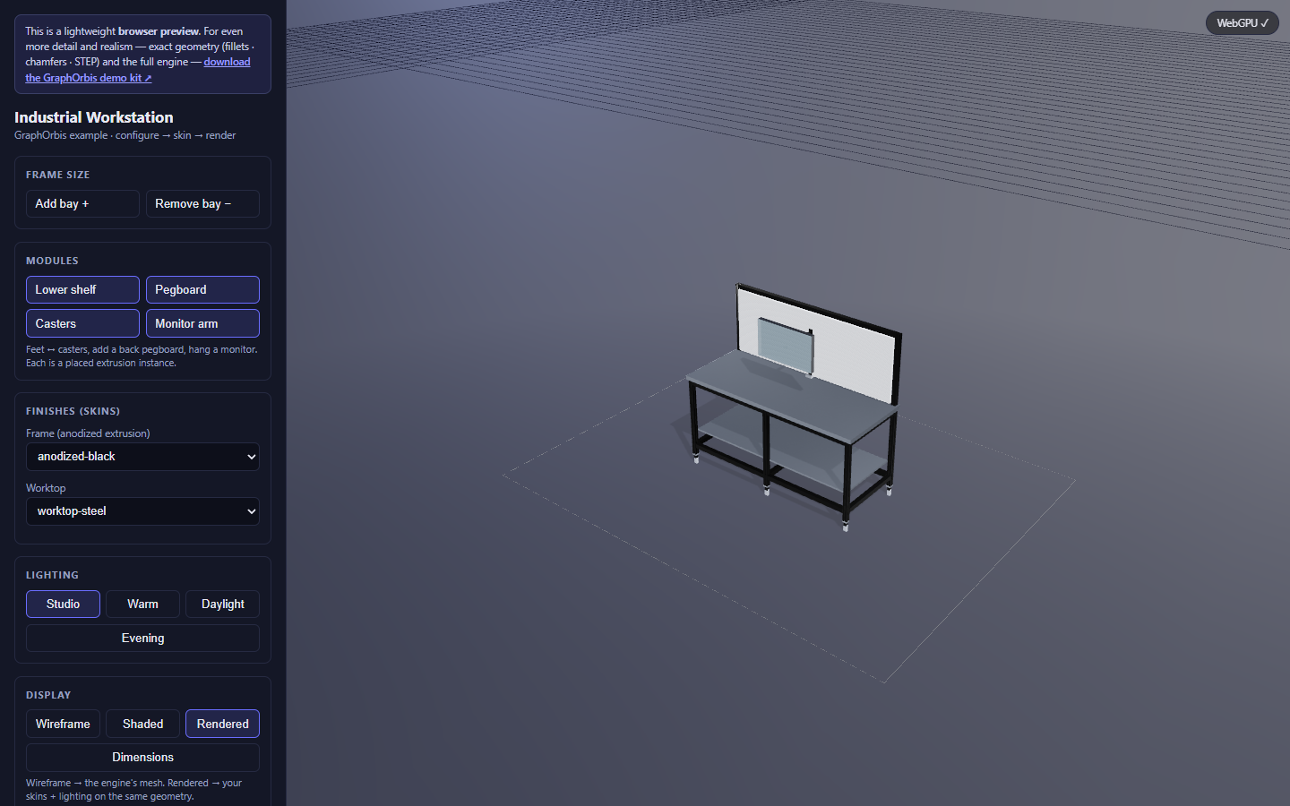 Industrial Workstation sample app: modular t-slot framing with a live bill of materials