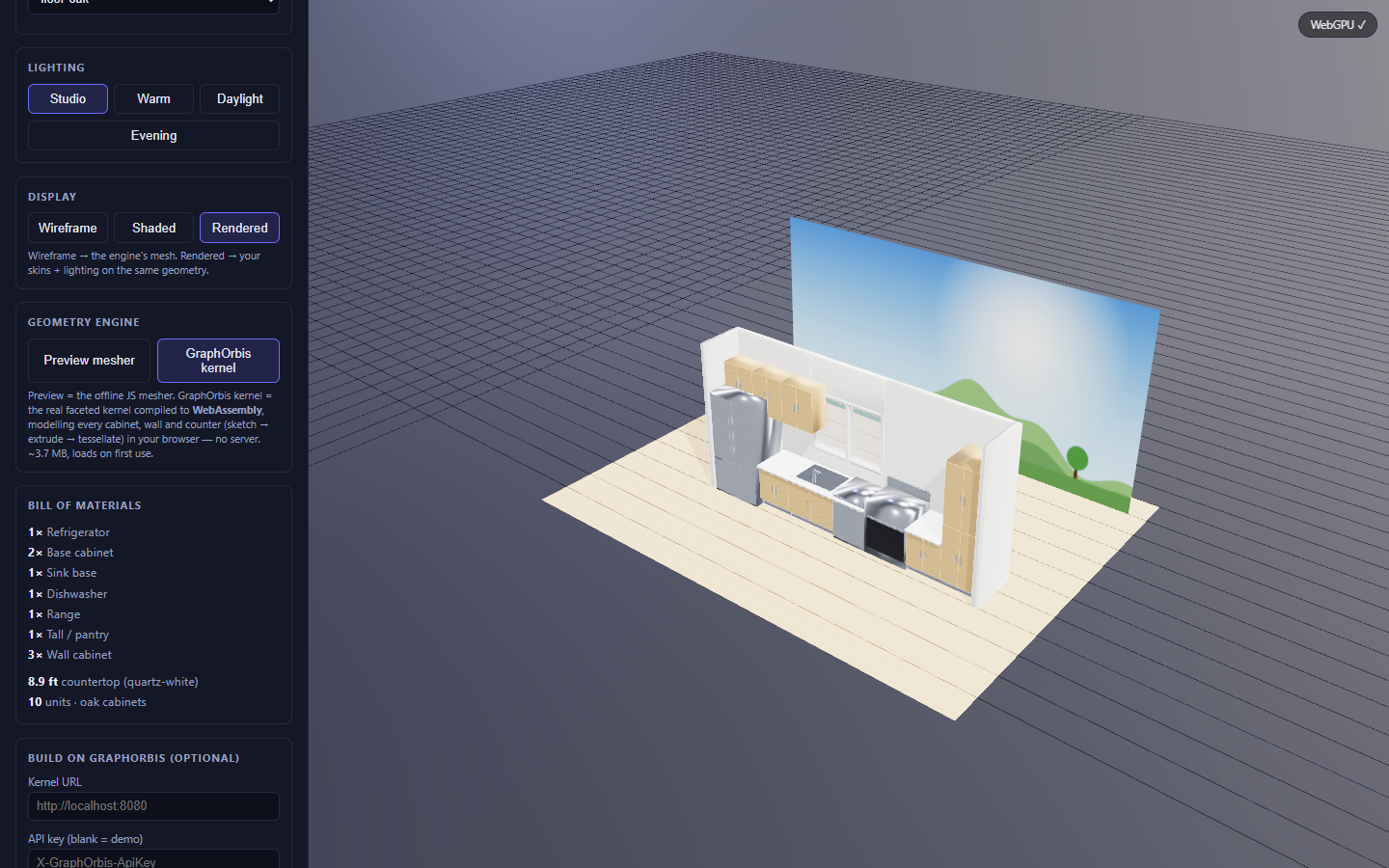 Kitchen Designer sample app: cabinets, appliances and a window onto a daylit view