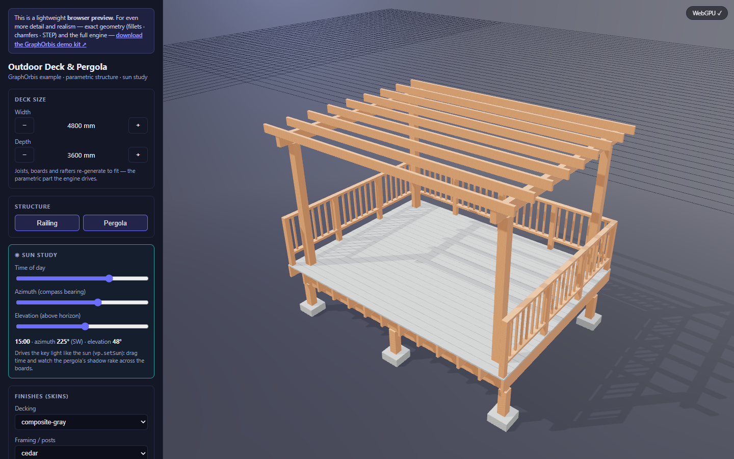 Outdoor Deck & Pergola sample app: a parametric deck with a sun and shadow study
