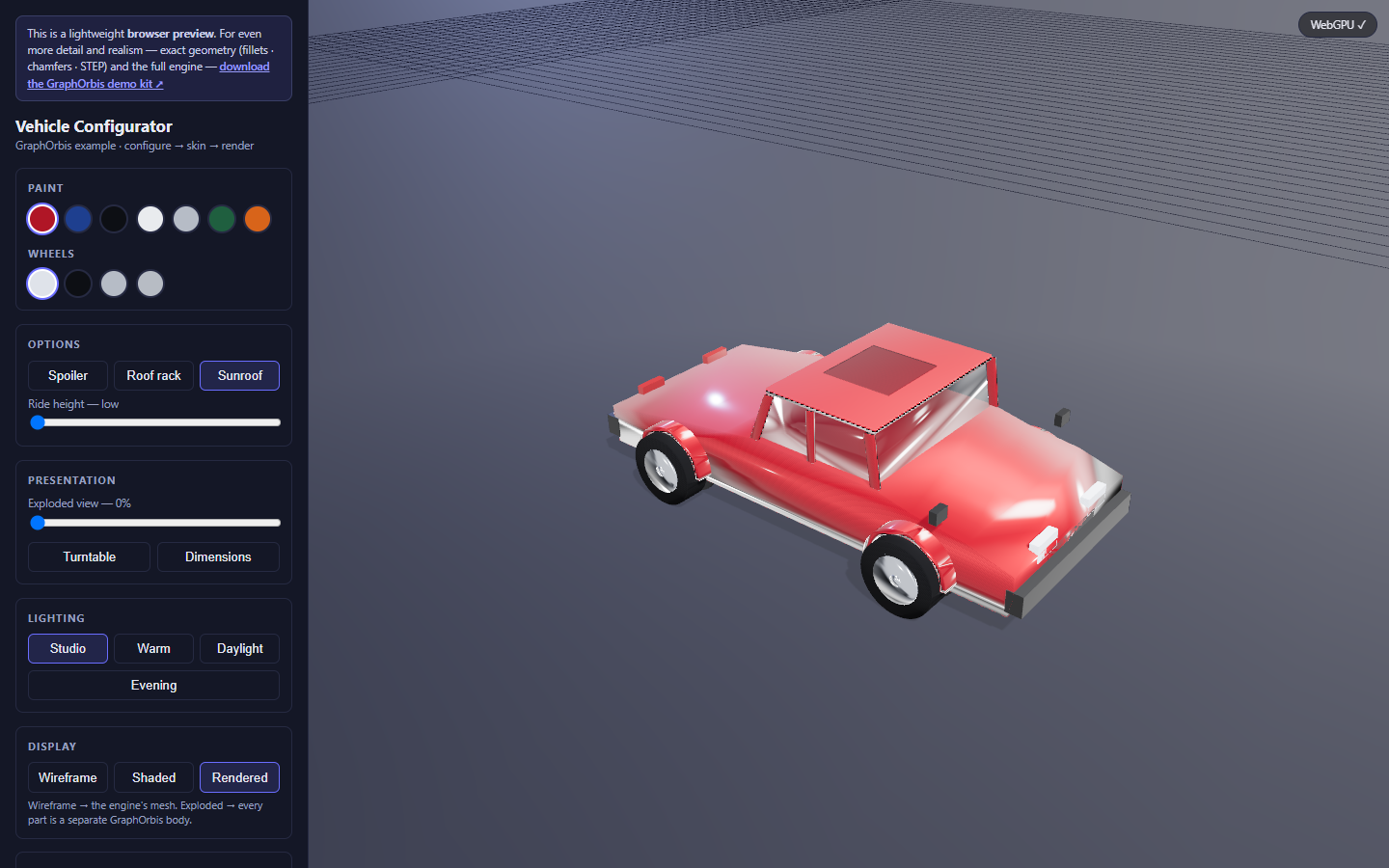 Vehicle Configurator sample app: a parametric car with paint, wheels and an exploded view