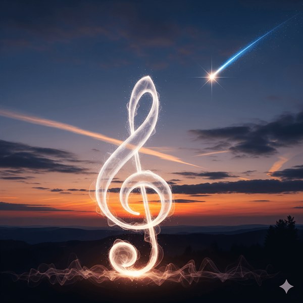 Somnaural — a treble clef of light rising over a twilight horizon